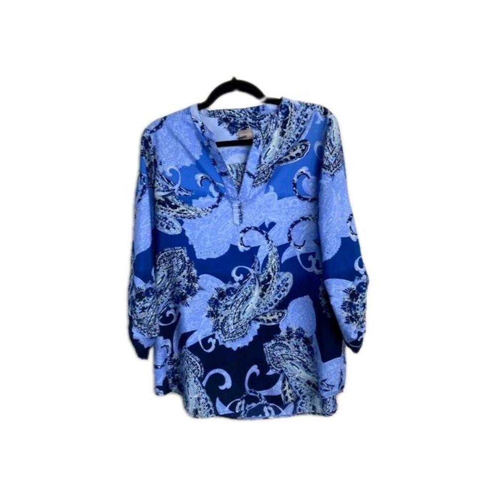 Chico's Floral Boho Blouse Top Womens size 2  Blue Office Career vacation